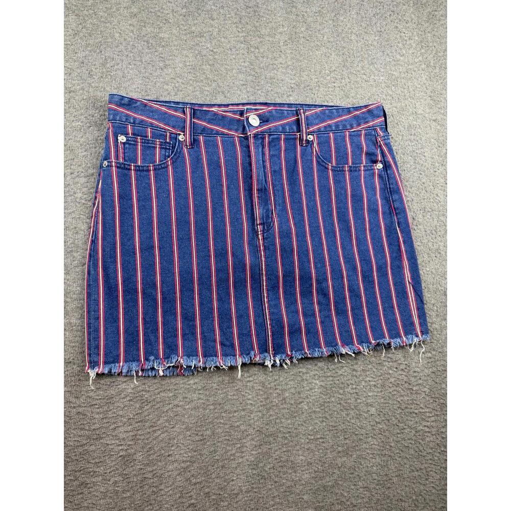 American Eagle Striped Denim Mini Skirt High‎ Rise Frayed Raw Hem Size 14 Reg